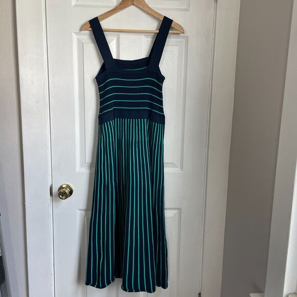 Banana Republic SQUARE-NECK KNIT MIDI DRESS in Navy & Emerald Green Stripe - Picture 3 of 9